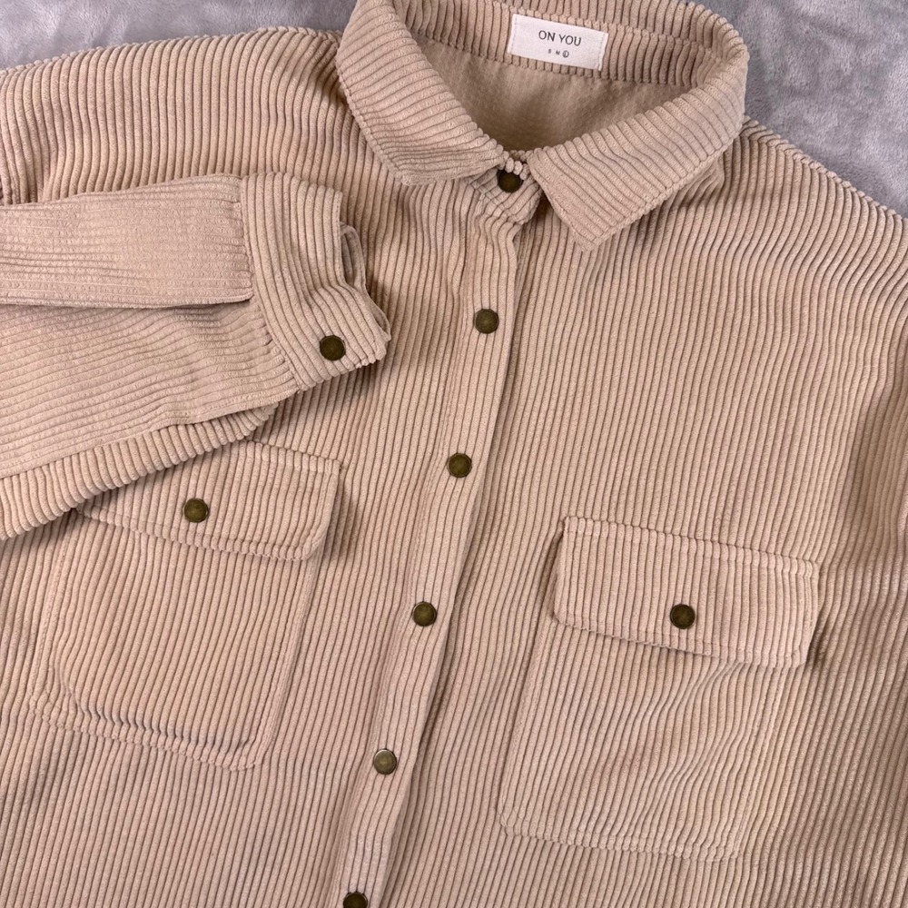 ON YOU Women Beige Wide Wale Corduroy Oversized Button Down Shacket ET1367 S M